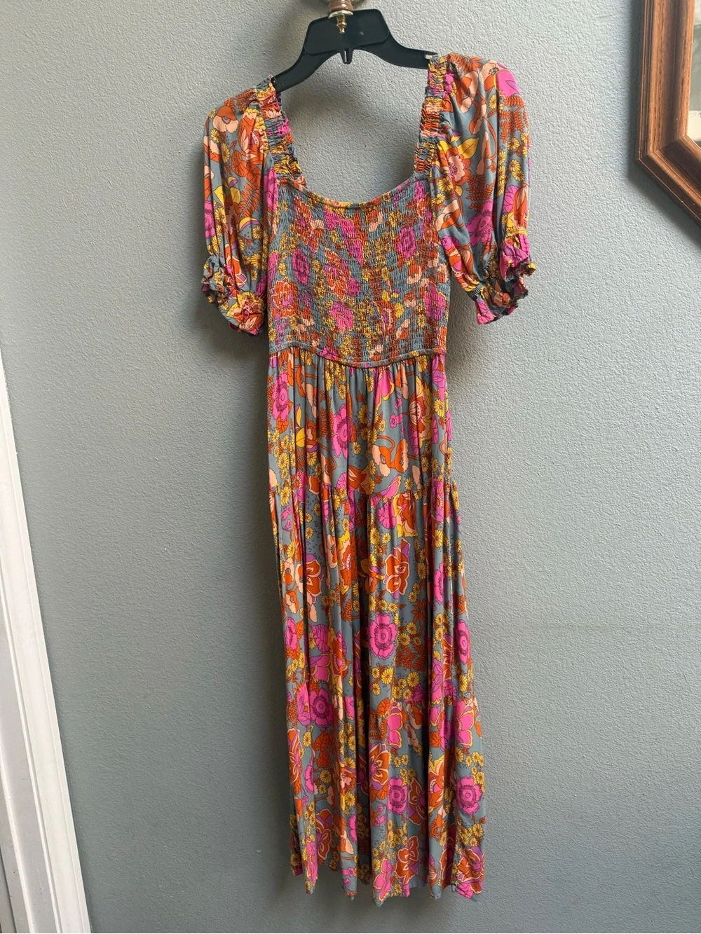 Smocked Floral Maxi Dress in Pink & Orange